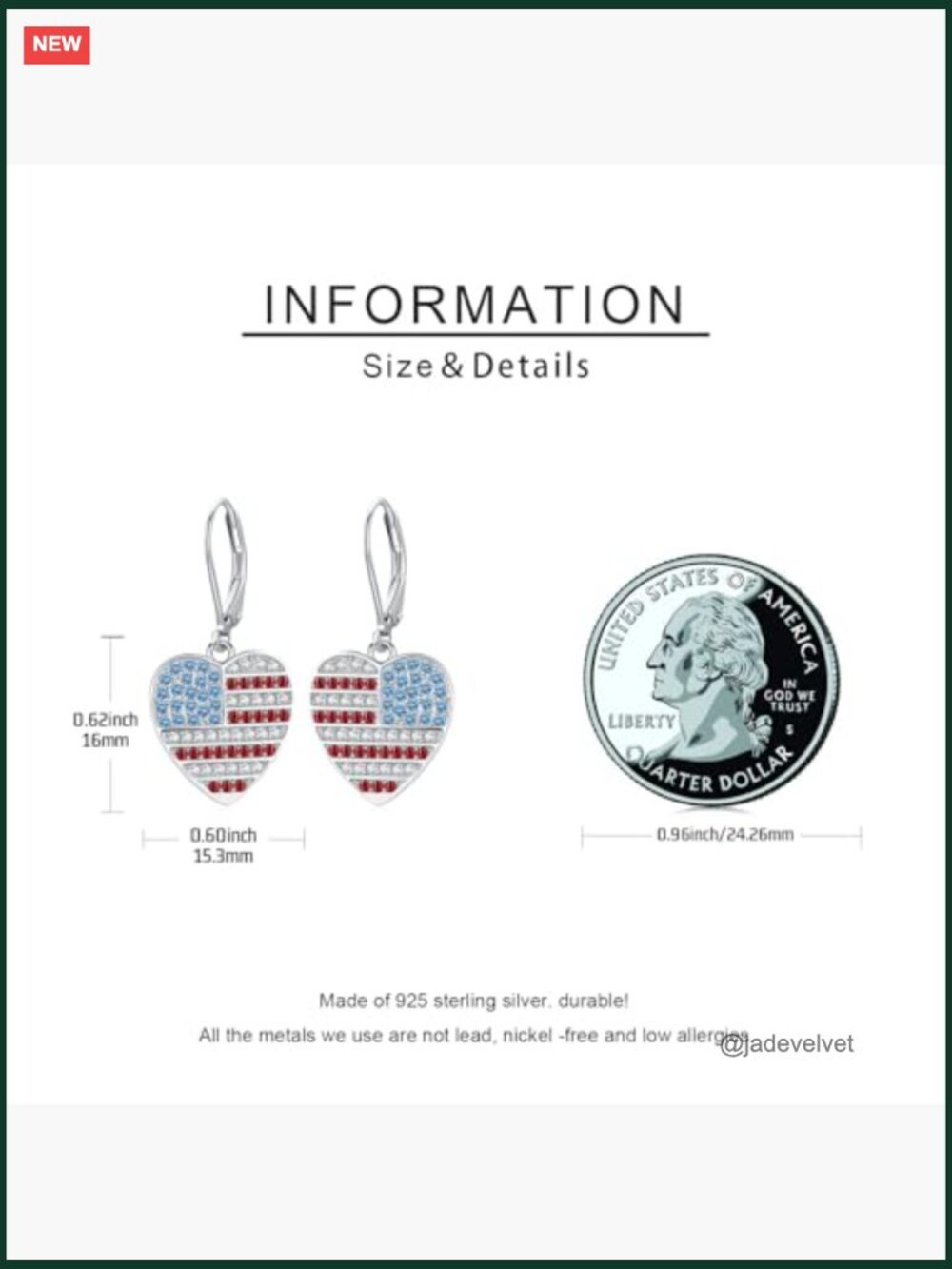 925 Sterling Silver Patriotic Earrings Drop Dangle Leverback Studs - Picture 6 of 7